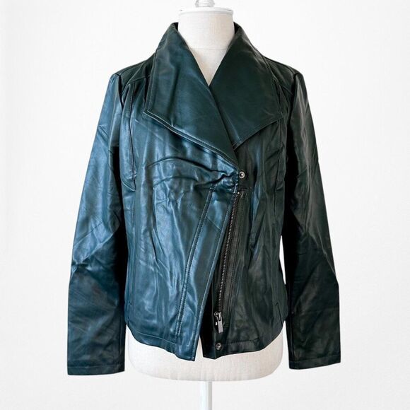 Vintage Y2K Dark Green Motorcycle Faux Leather Jacket Size 6/M - Picture 3 of 6